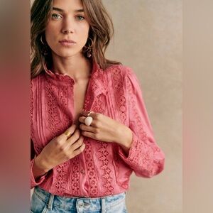 Sezane Womens Rym Pink Lace-Trim Button Front Blouse